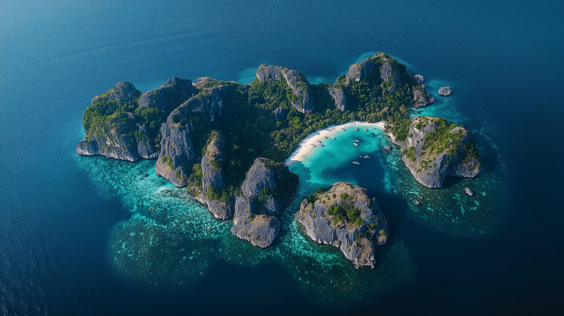 Vue aérienne d’îlots rocheux entourant une plage et des eaux turquoise