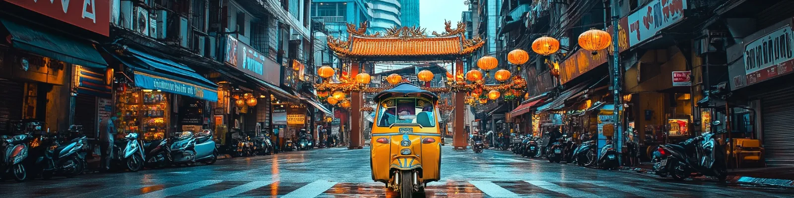 Tuk-tuk dans une rue bordée de lanternes
